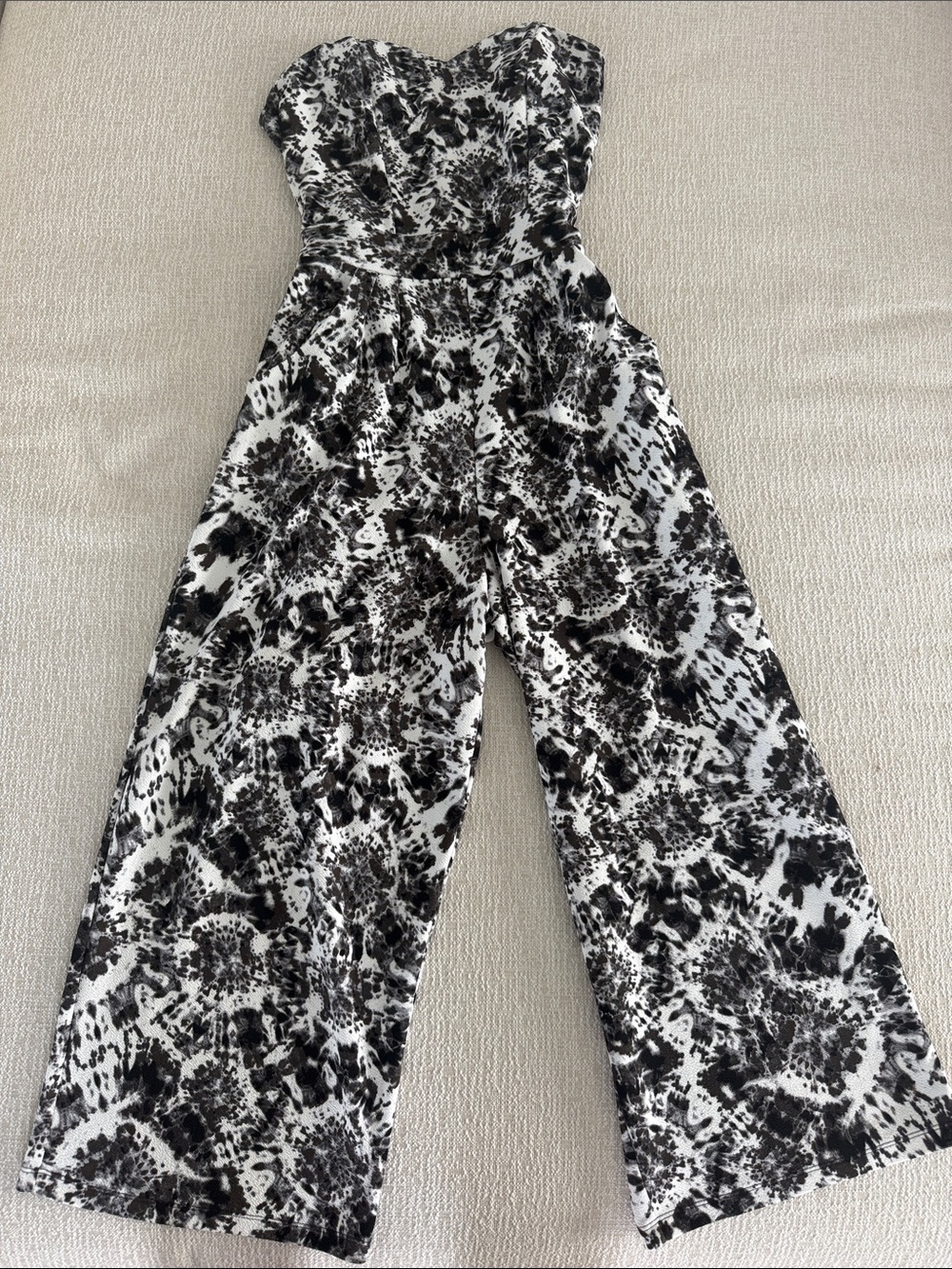 Strapless Wide-Leg Jumpsuit in Black & White Print